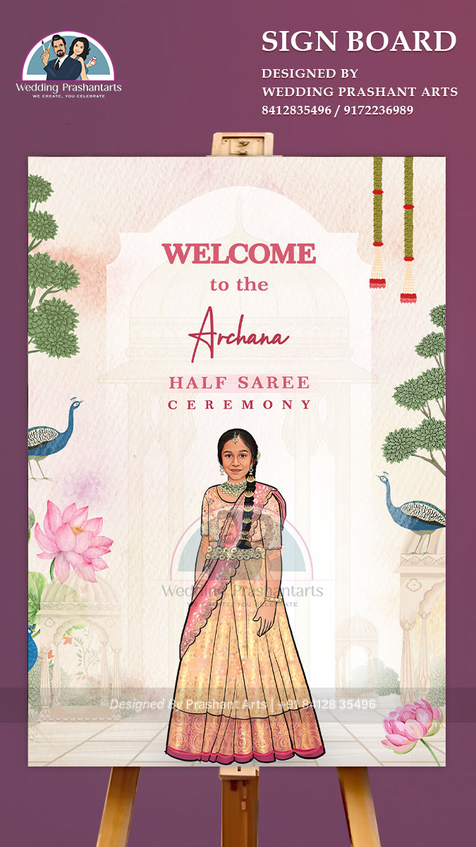 HSWB - 0014 | Royal Half Saree Function Welcome Board – Customizable Event Sign