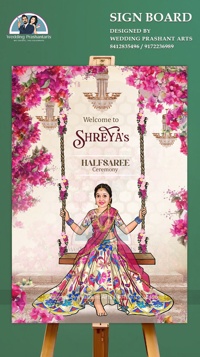 HSWB - 016 | Graceful Half Saree Welcome Board – Personalized Event Entrance Sign