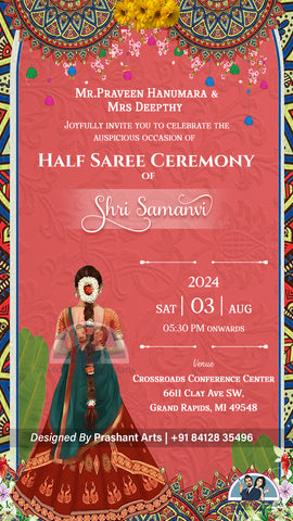 HSP - 009 | Graceful Half Saree Ceremony Digital Invitation – Static Custom Card