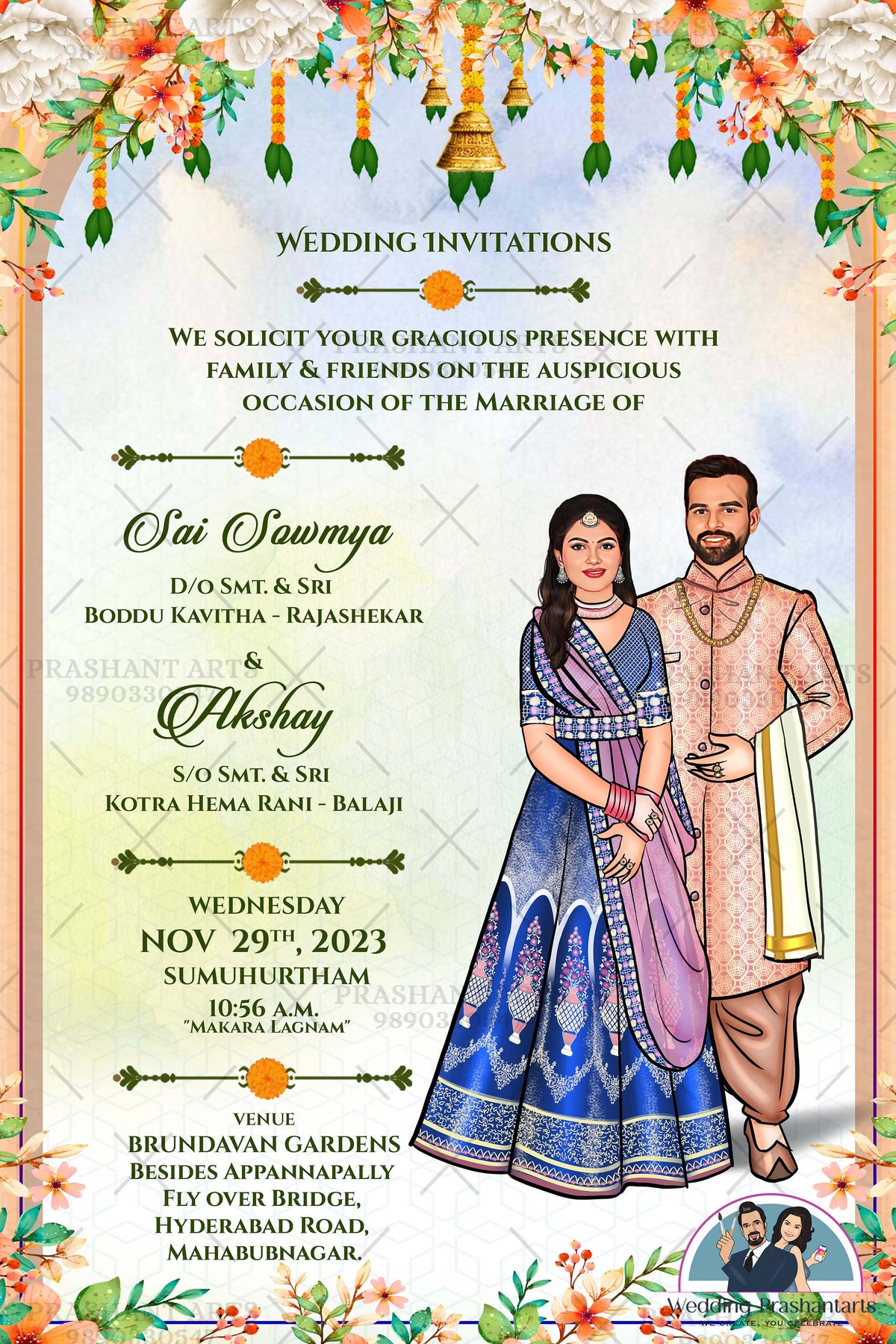 SIP-013 | South Indian Bride & Groom Caricatures: Make Your Wedding Invitation Unforgettable