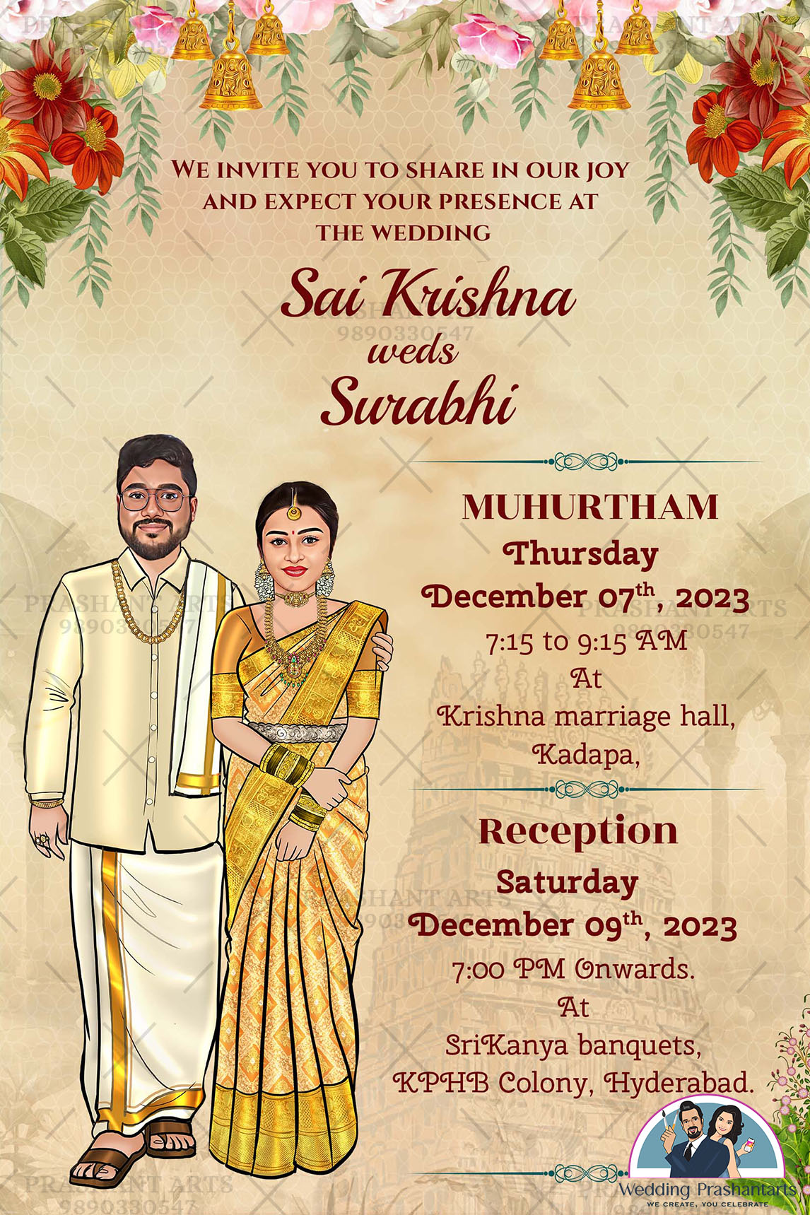 SIP-014 | South Indian Wedding Caricature Invitations: Set the Scene for Your Big Day