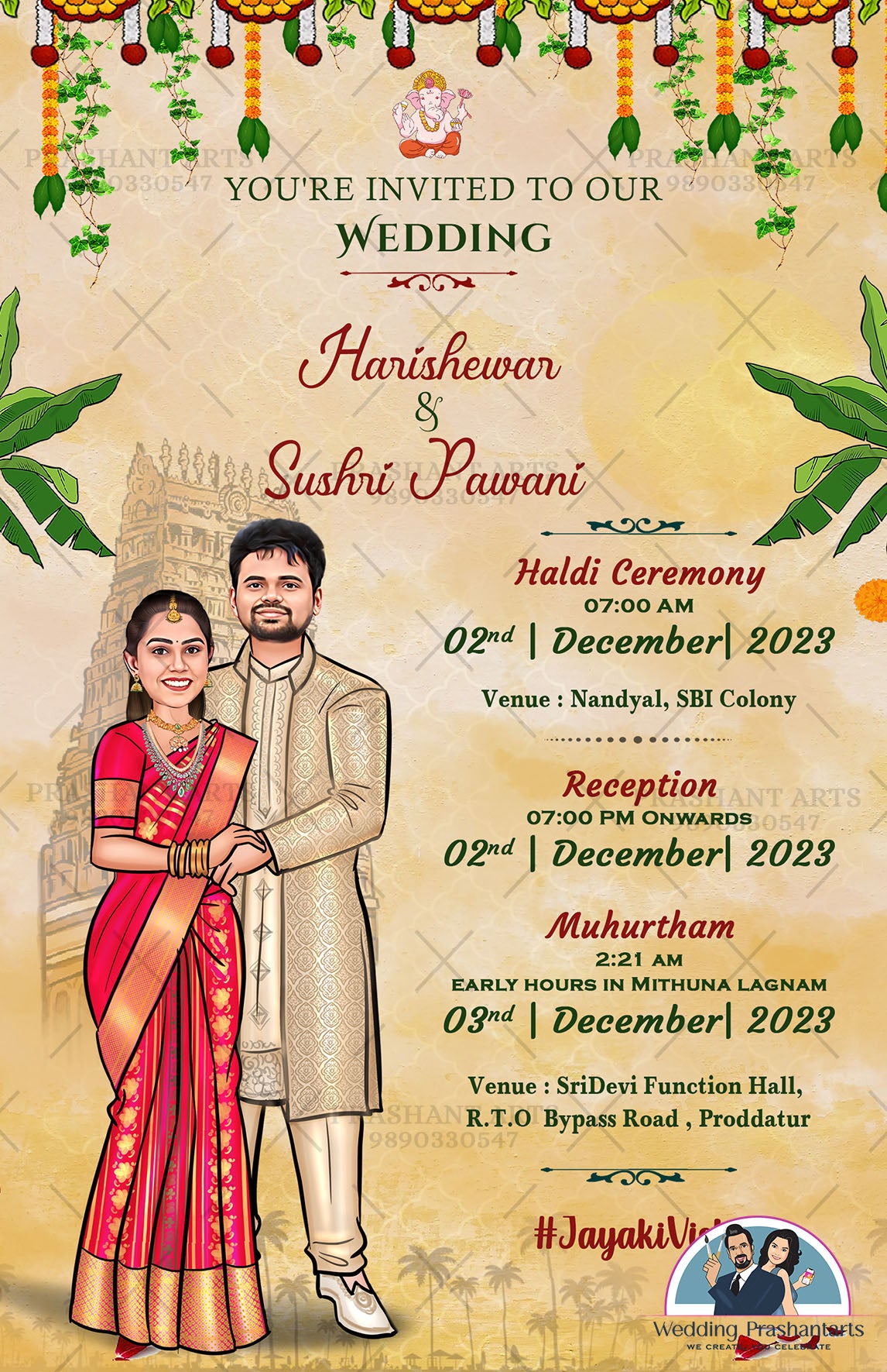 SIP-016 | South Indian Wedding Temple Caricature Invitations: Celebrate Your Heritage in Style