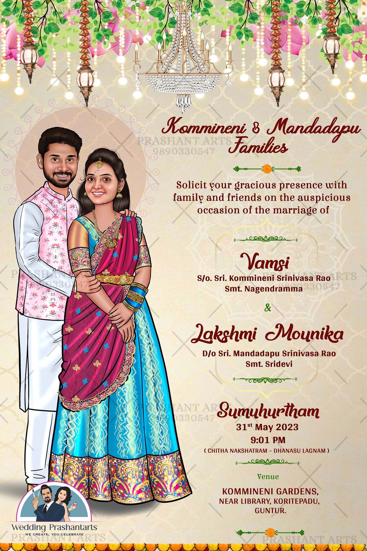 SIP-017 | South Indian Wedding Flowers Caricature Invitations: A Colorful & Joyful Invitation