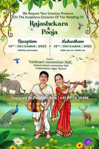 SIP-018 | South Indian Wedding Jungle Theme Caricature Invitations: Fun & Festive Invites for Your Wedding Celebration