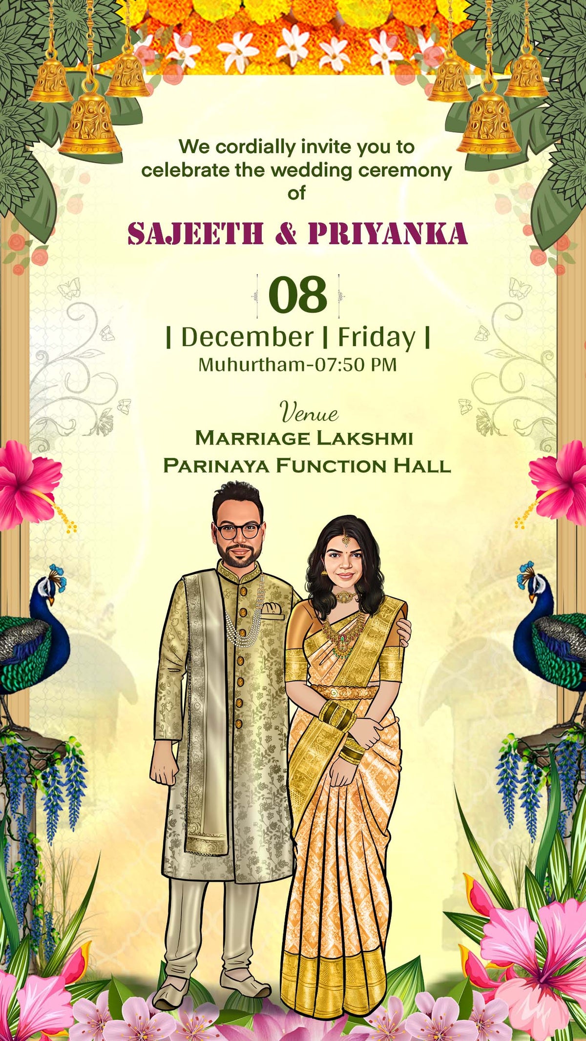 SIP-021 | South Indian Wedding Caricature Invitations: Showcase Your Traditional Style