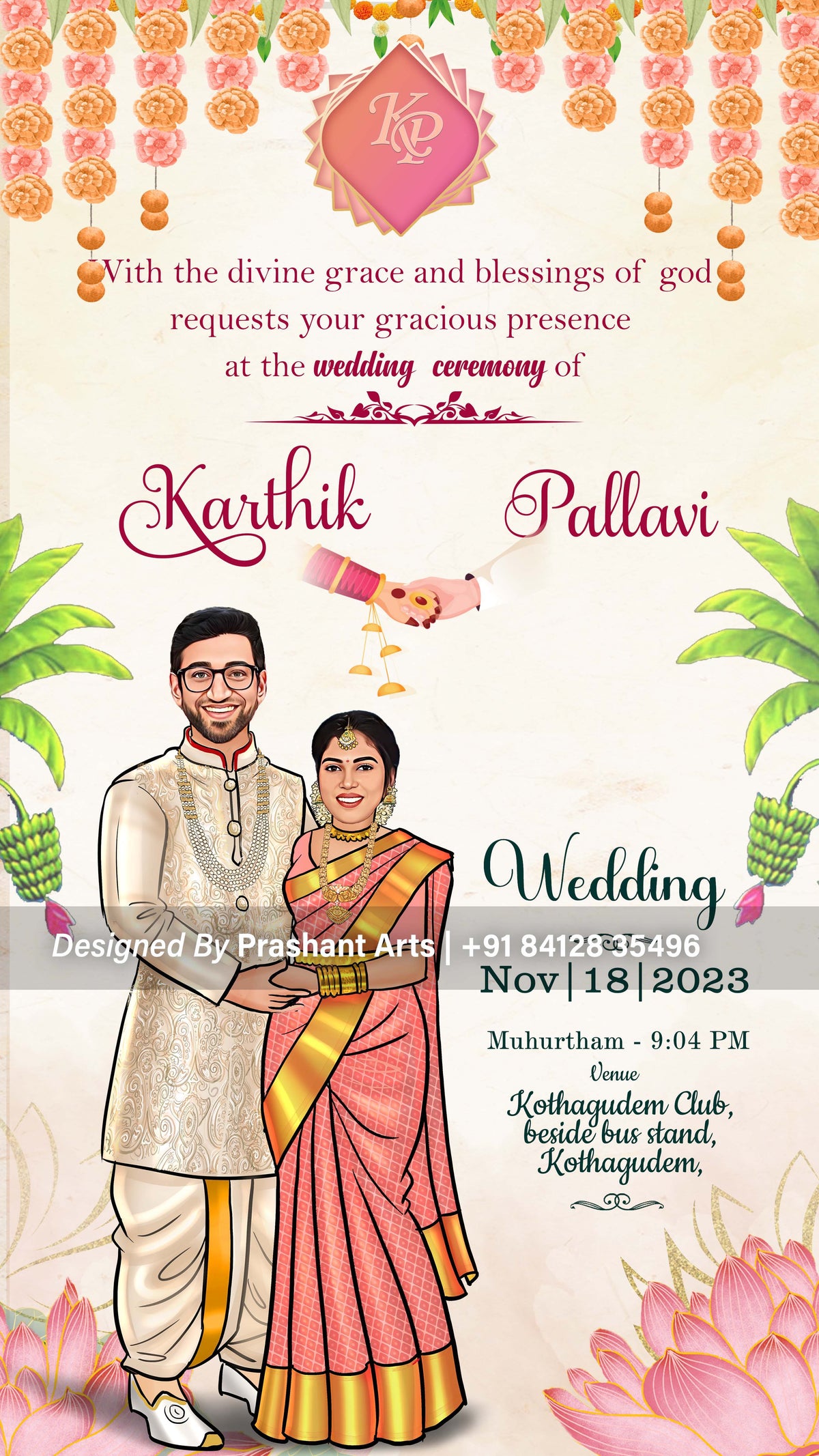 SIP-022 | South Indian Wedding Invitations Made Easy: Order Your Personalized Caricature Invite Today!