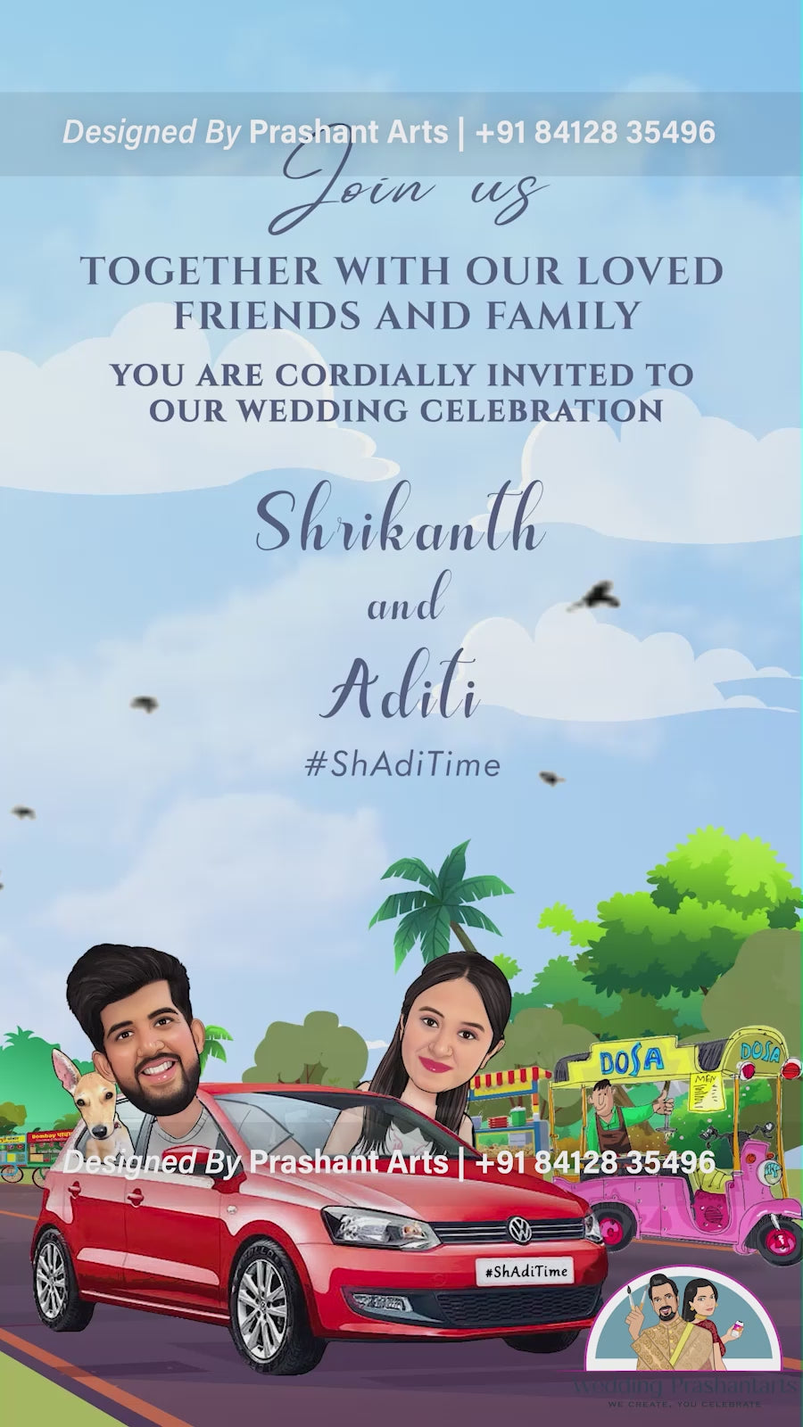 SIC-032 | South Indian Caricature Wedding & Reception Invitation: Your Temple Bells & Jasmine Dream