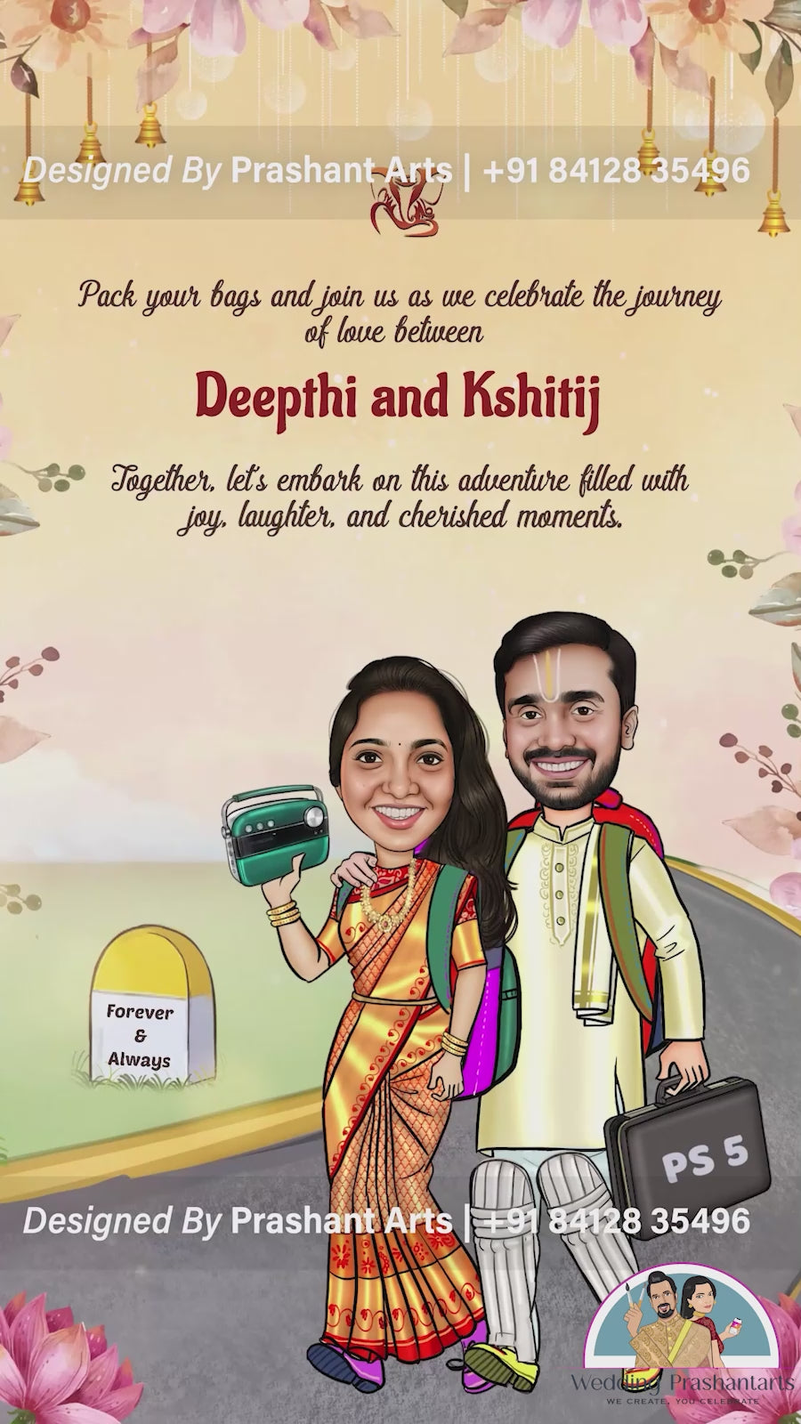 SIC-042 | South Indian Caricature Wedding Invitation: Vibrant Hues & Hearts Unite