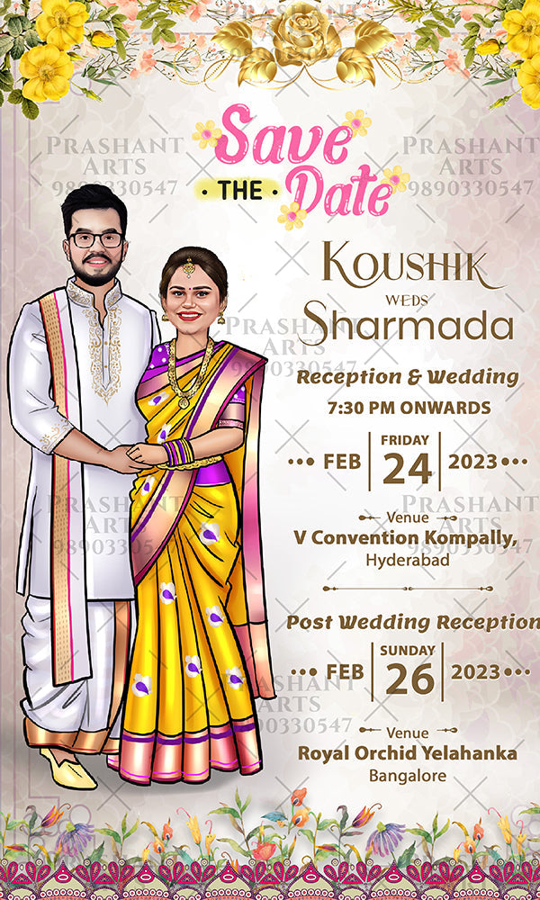 SIP-011 | Eco-Friendly South Indian Wedding Invitations: Choose Digital Caricatures Today!